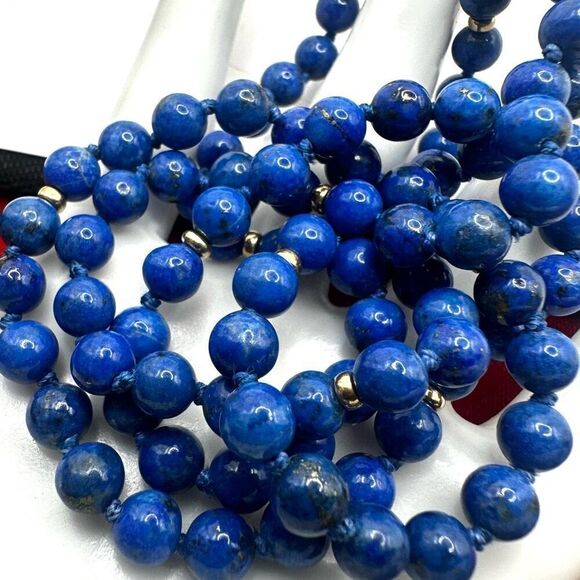 lapis lazuli long knotted beaded necklace - Picture 3 of 6